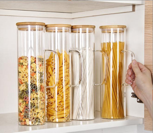 2pcs Italian Pasta Noodels Storage Jar 1500ml Round Glass Storage Jars Bamboo Cover, Sealed Glass Bottle, Kitchen Seasoning Tank