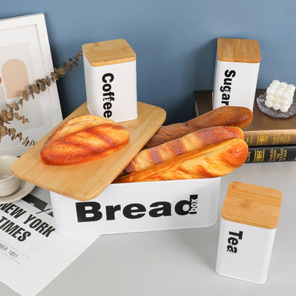 Nordic Bread Bin with 3 Canister Set – Bamboo Lid | White or Black