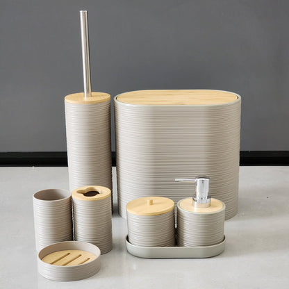 8-Piece Luxury Bamboo Plastic Bathroom Accessories Set Trash Can, Soap Dispenser, Toothbrush Holder & More