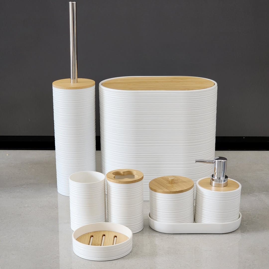 8-Piece Luxury Bamboo Plastic Bathroom Accessories Set Trash Can, Soap Dispenser, Toothbrush Holder & More