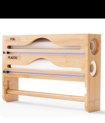 3-in-1 Bamboo Kitchen Wrap Organizer  Wall-Mounted Foil, Cling Film & Paper Towel Holder with Built-in Cutters