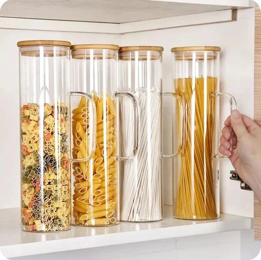 Italian pasta noodles storage jar 1500ml round glass storage jar bamboo covers