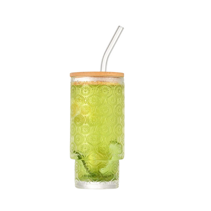 Set of 4 Ribbed Juice Glasses with Bamboo Lids & Straws – 330ml Crystal Highball Cups