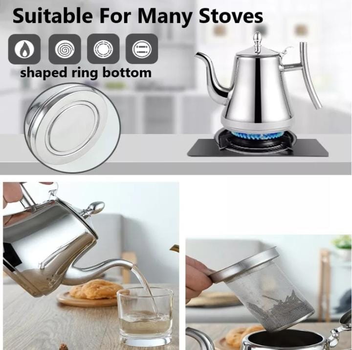 Stainless steel tea pot with infuser filter.
