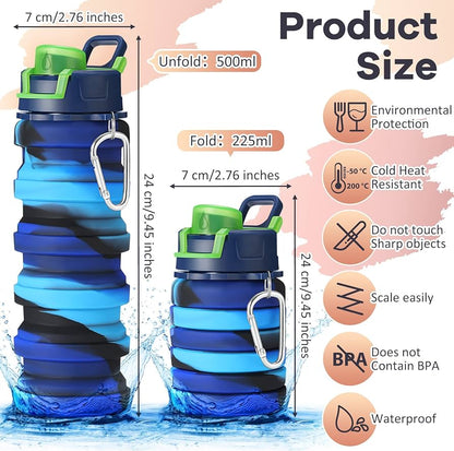 Multicoloured 500ml silicone collapsible water bottle