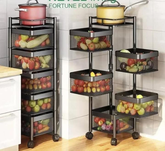 Square fruit rack with wheels 5 tier