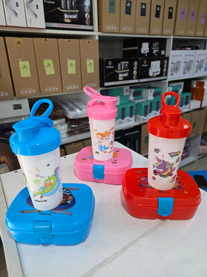 Combo Kids cartoon  themed partitioned Snack box with unbreakable water bottle