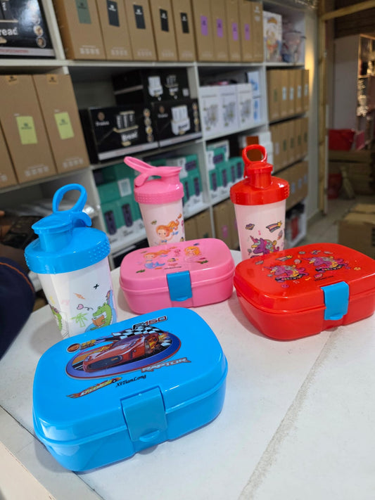 Combo Kids cartoon  themed partitioned Snack box with unbreakable water bottle