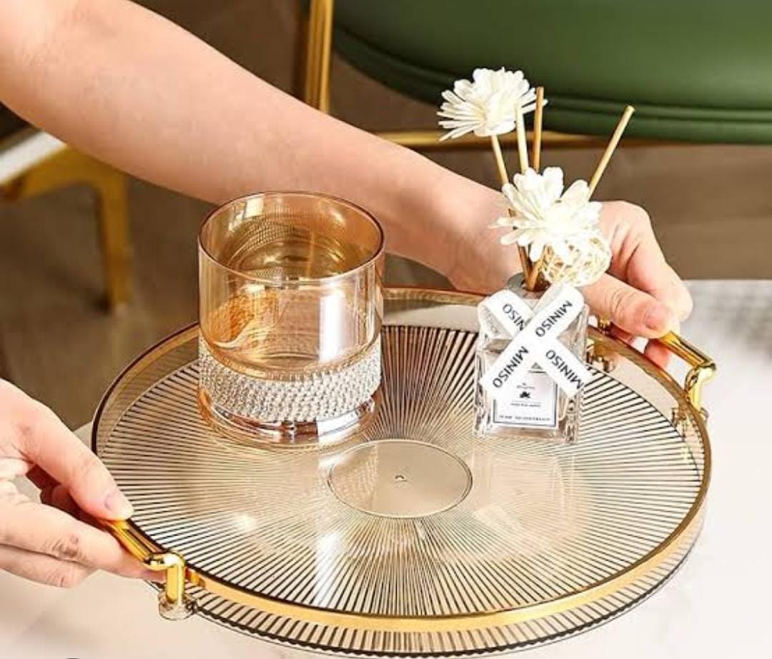 Decorative acrylic tray with golden handle now available
