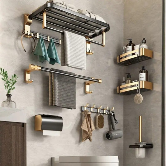 7-Piece Gold Multifunctional Aluminum Bath Towel Storage Rack Set