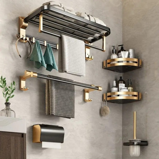 7-Piece Gold Multifunctional Aluminum Bath Towel Storage Rack Set