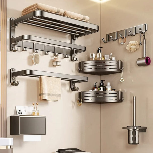 7-Piece Black Multifunctional Aluminum Bath Towel Storage Rack Set