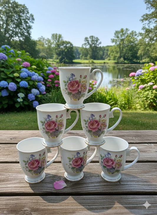 Classic Porcelain Mugs with Floral Design & Gold Trim 6pcs