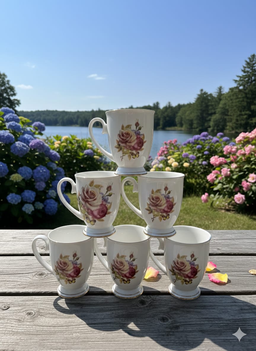 Classic Porcelain Mugs with Floral Design & Gold Trim 6pcs