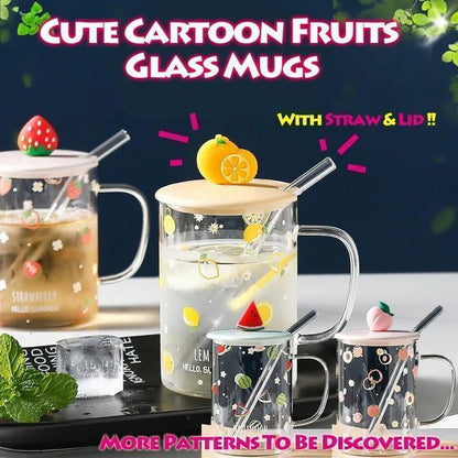 500ml Fruit Style Cartoon Transparent Glass Cup With Straw 1pc