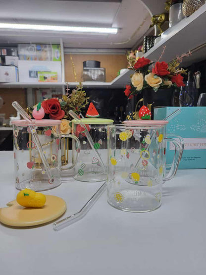 500ml Fruit Style Cartoon Transparent Glass Cup With Straw 1pc