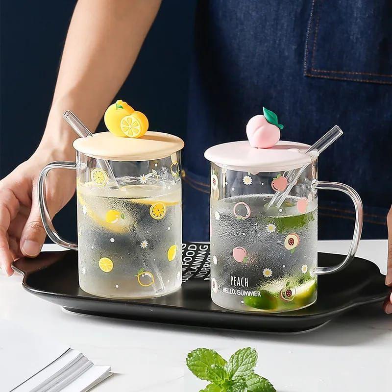 500ml Fruit Style Cartoon Transparent Glass Cup With Straw 1pc