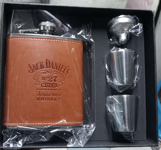 Jack Daniels branded whiskey flask with two stainless steel glasses and funnel