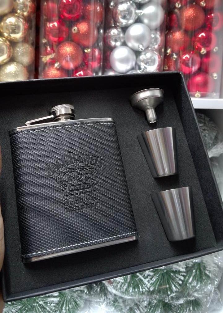Jack Daniels branded whiskey flask with two stainless steel glasses and funnel