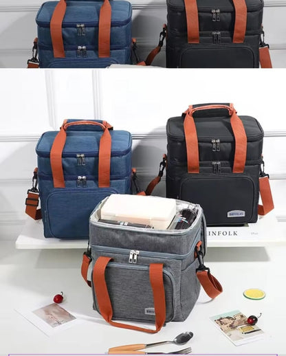 Double layer insulated lunch bag with removable strap