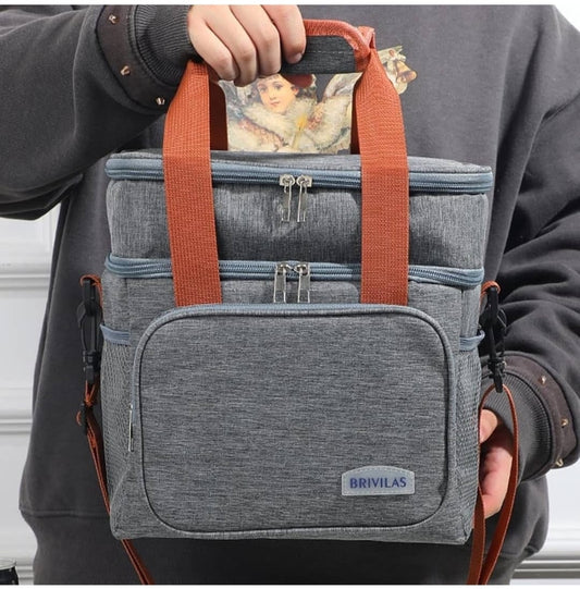 Double layer insulated lunch bag with removable strap