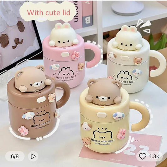 Cute bear rabbit thermos,kawaii straw with lid