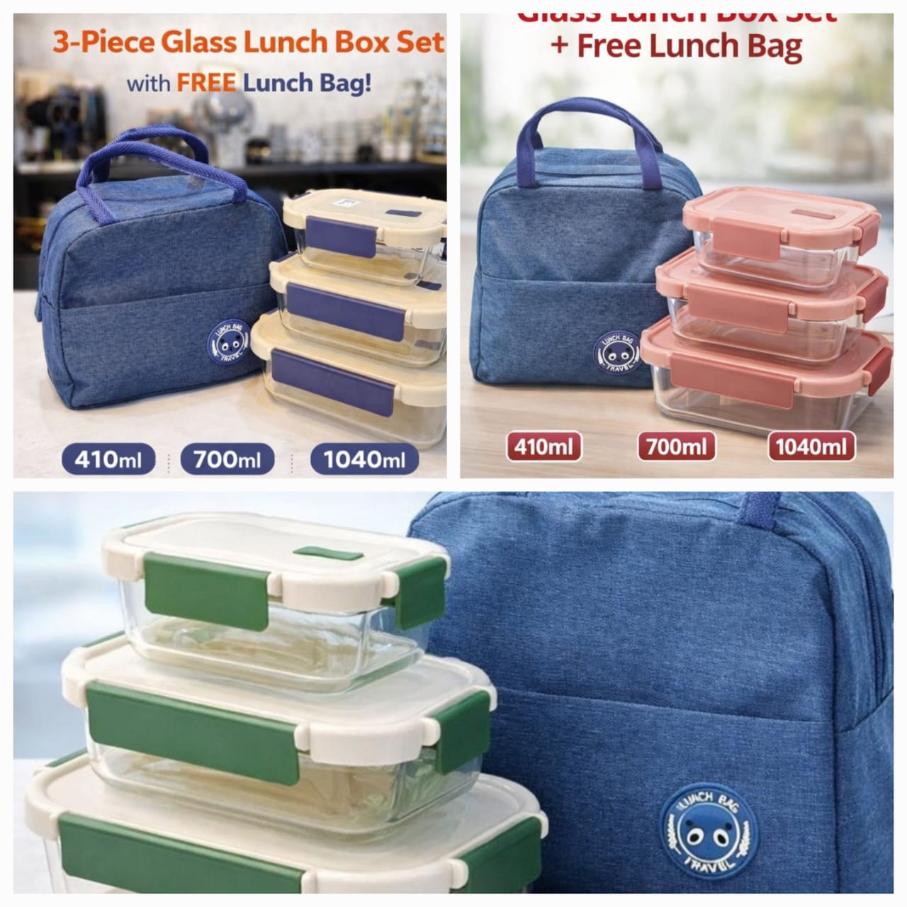 Glass snack box with lunch bag