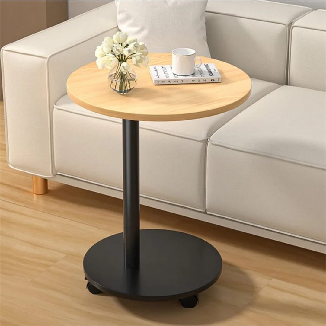 Round  Wooden Coffee Side Table with Wheels