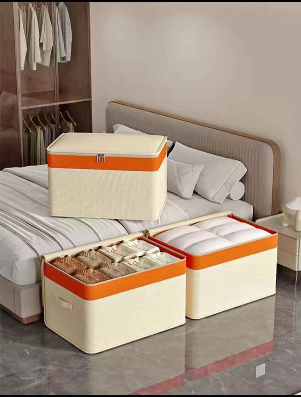 Canvas Quilt & Clothing Storage Organizer – Foldable Zipper Storage Box 1pc