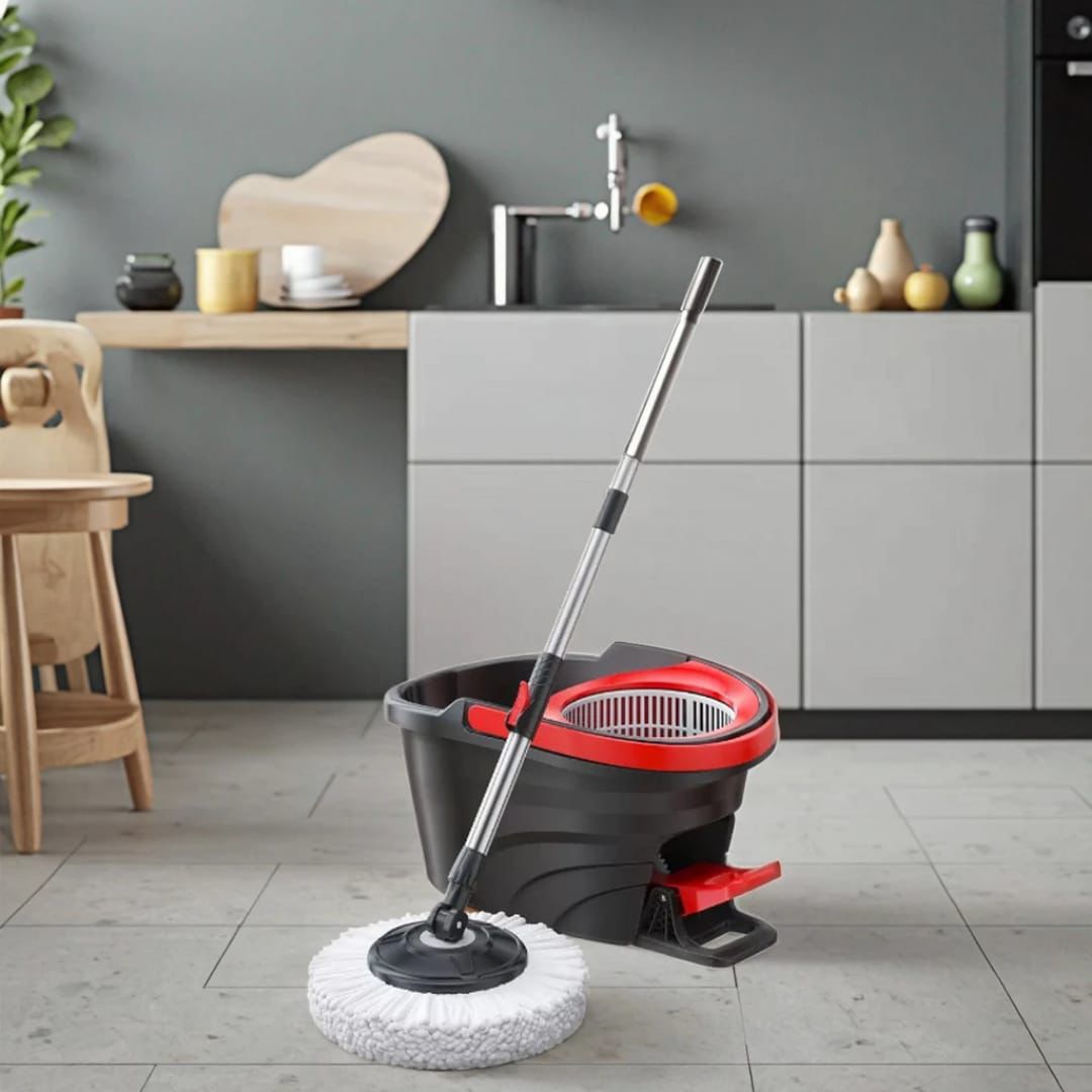 Black spin mop bucket with a foot pedal