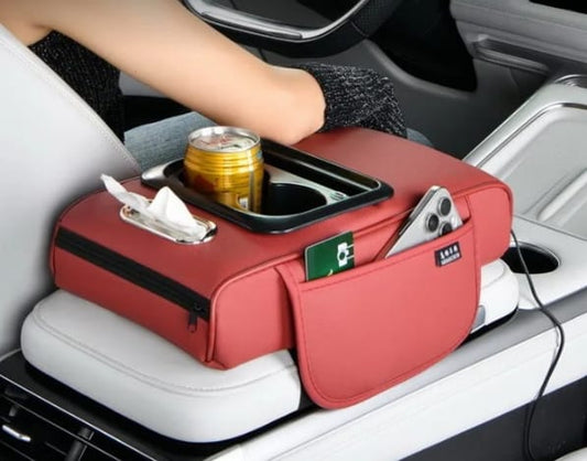 Car amrest cup holder with USB charging storage box