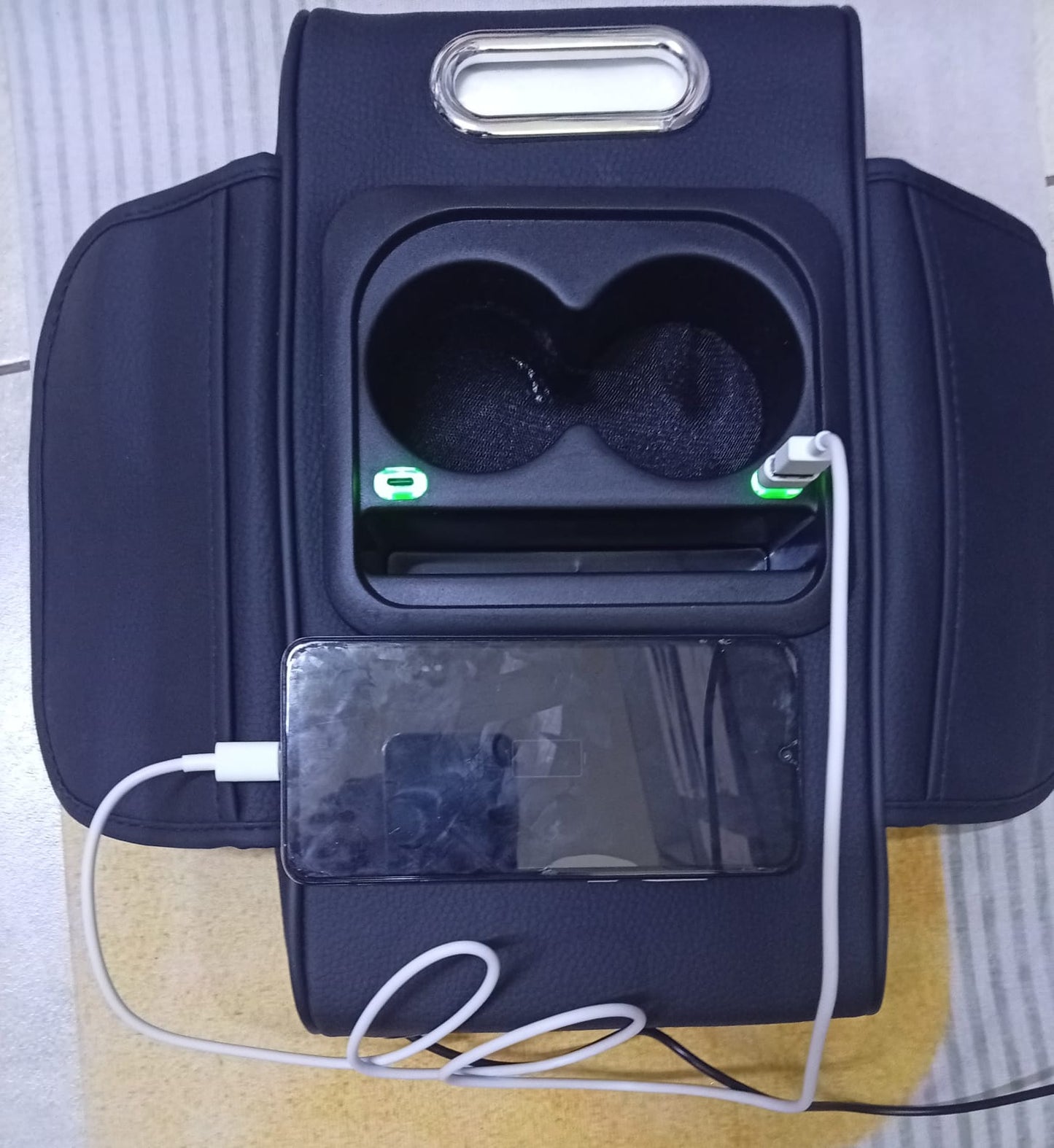 Car amrest cup holder with USB charging storage box