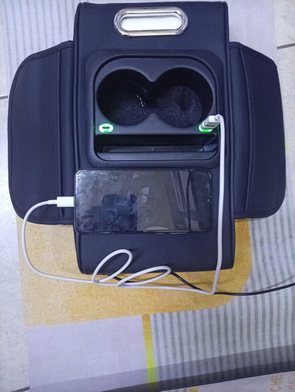 Car amrest cup holder with USB charging storage box