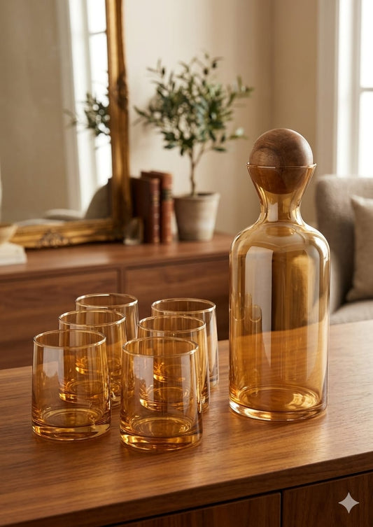 Gold decanter+6pcs glasses with a bamboo round lid