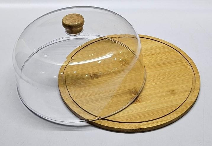 High quality bamboo base cake/fruit stand with high quality acrylic top dome cover