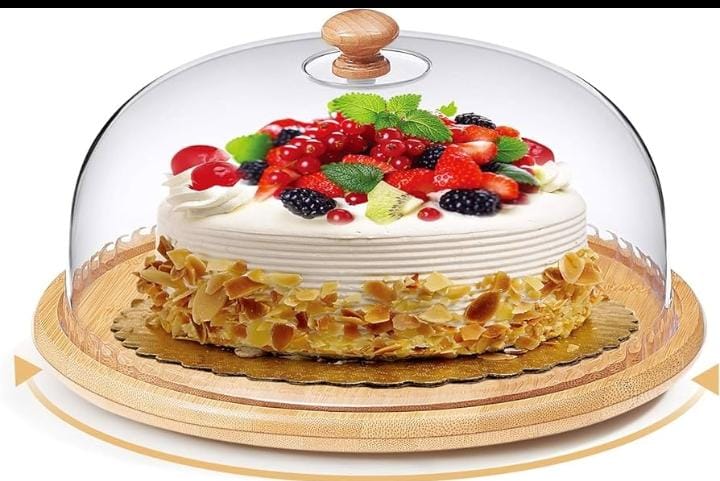 High quality bamboo base cake/fruit stand with high quality acrylic top dome cover