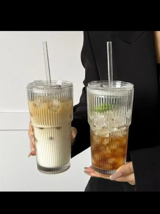 Round vertical stripped Glass cup with lid straw 600ml 1pc