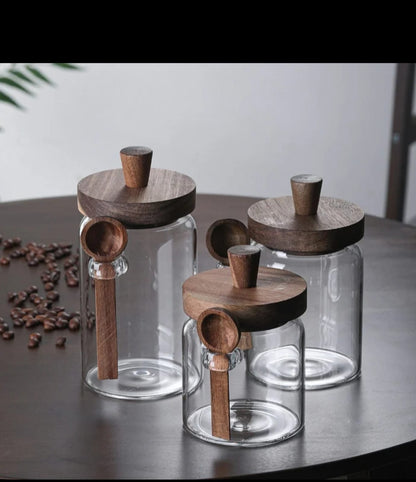 Multi-purpose Modern Glass Sealed storage Jars with Acacia wood lid and Spoons