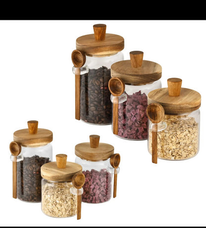Multi-purpose Modern Glass Sealed storage Jars with Acacia wood lid and Spoons