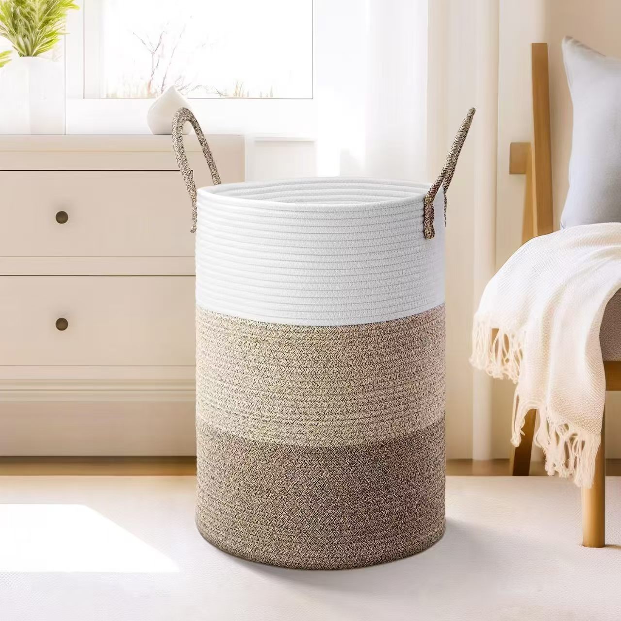 Cotton Rope Hand-woven large storage Basket with Handles