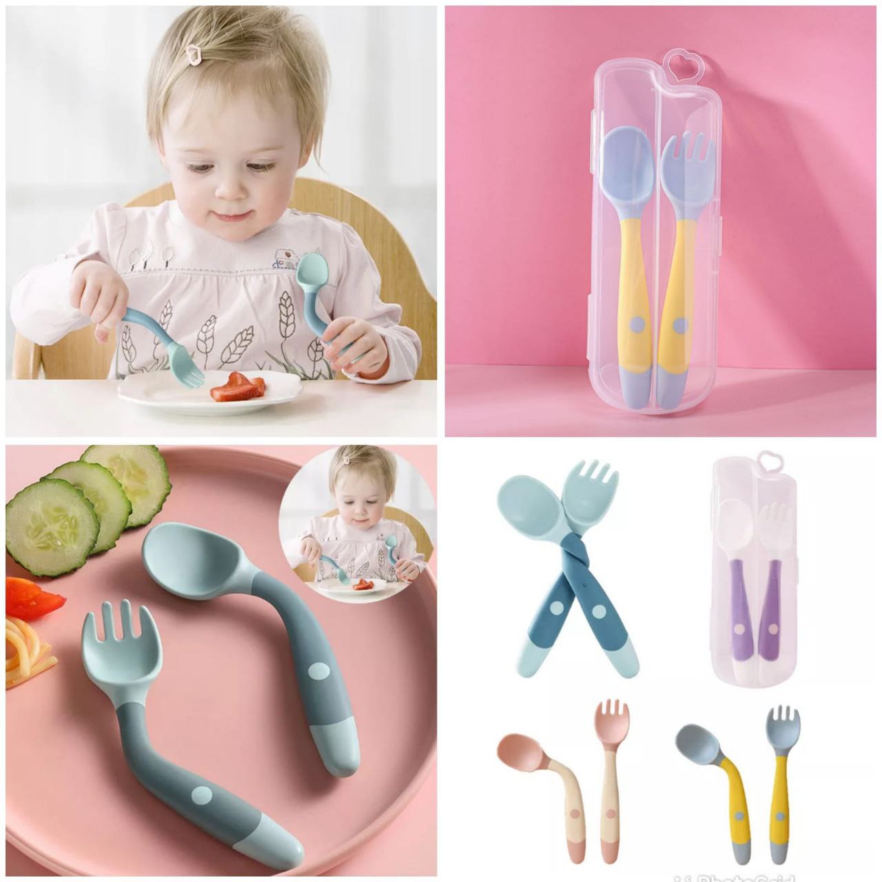 2 pcs baby bendable silicon spoon fork set