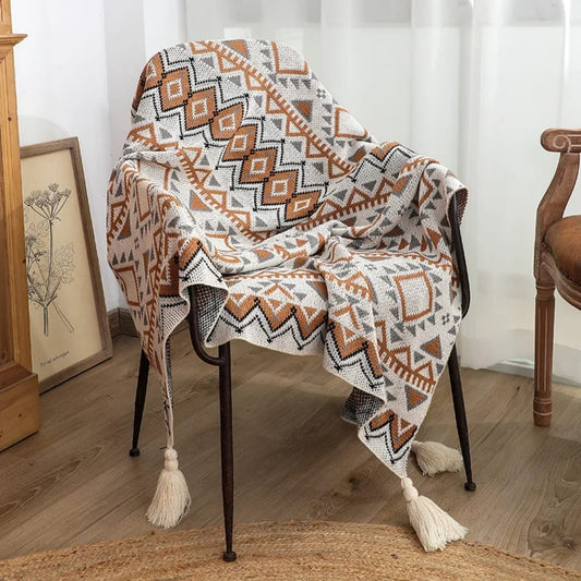 Nordic bohemian knitted throw blanket with tassels