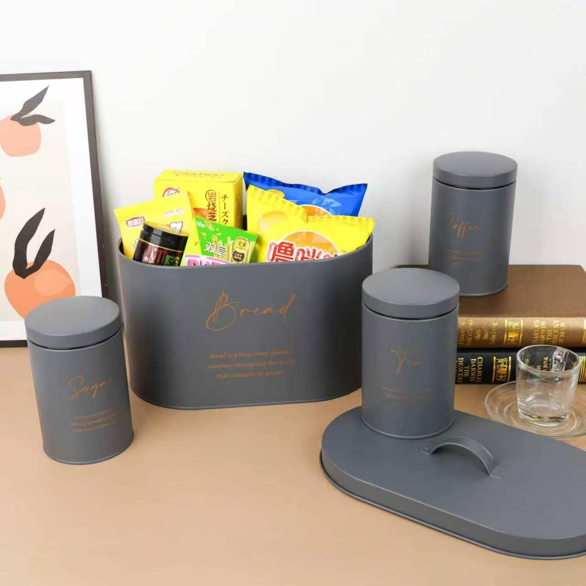 Unique and elegant bread storage bin with 3pcs canisters