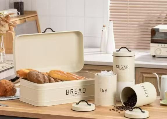 4pc Quilted Metal Bread Bin + Canister Set