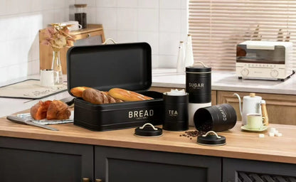 4pc Quilted Metal Bread Bin + Canister Set