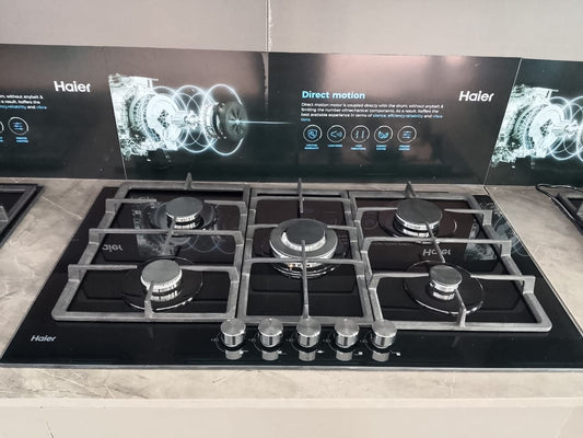 Haier 5-Burner Built-In Cooker – Premium 75cm Black Glass Gas Hob
