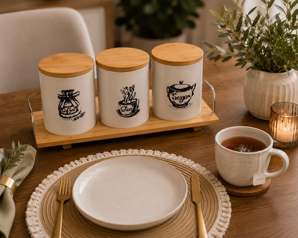 3pcs Ceramic Canisters Set  with Bamboo Stand