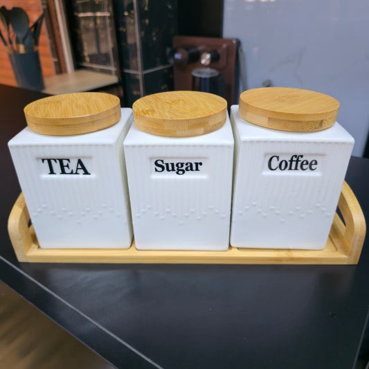 3pcs Ceramic Canisters Set  with Bamboo Stand