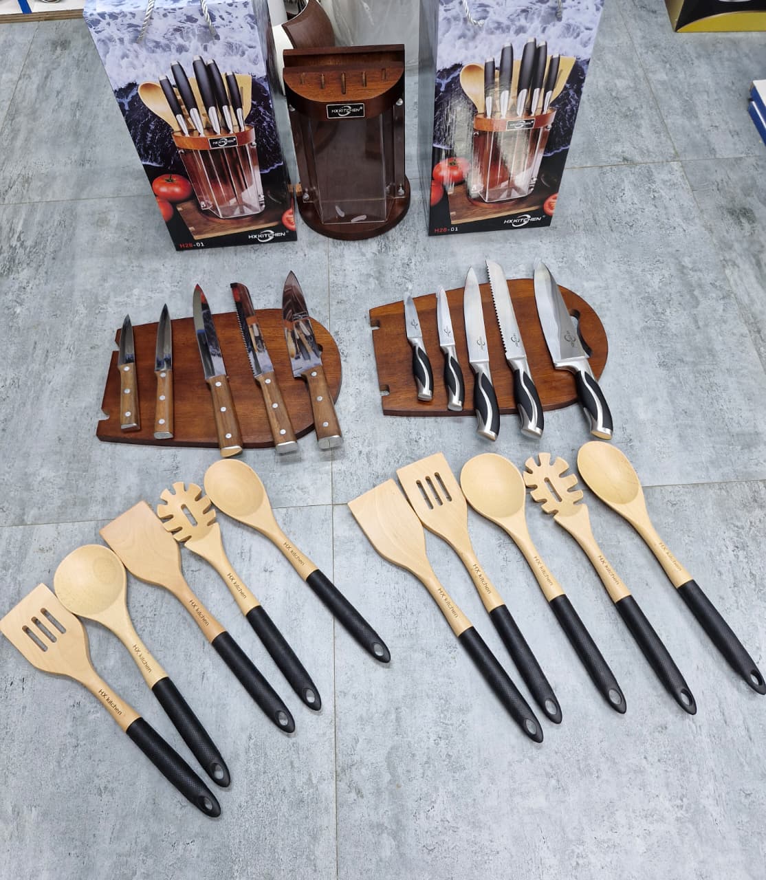 12pc Rotating Premium Knife set + Kitchen Utensil Set with Wooden Block & Cutting Board