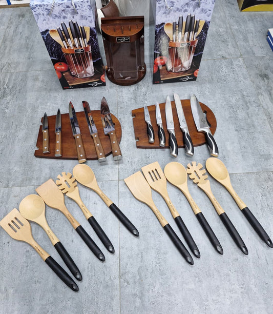12pc Rotating Premium Knife set + Kitchen Utensil Set with Wooden Block & Cutting Board